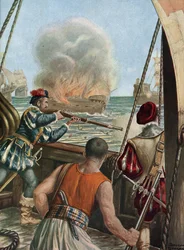 インドへの 2 回目の遠征 (1502-1503) 「「バスコ デ ガマのポルトガル艦隊とカリカットのポルトガル艦隊の間の海戦、ポルトガルはメッカから戻ってきたイスラム教徒の船ミリ突撃ペレリンに火を放った、1502 年 3 月 10 日」 ヴァスコ デ ガマ (1502-1503)