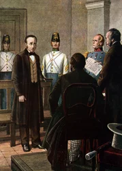 シルヴィオ・ペリコ (1789 - 1854) とピエロ・マロンチェッリ (1795 - 1846) がカルボナーリ運動 (シャルボネリまたはカルボネリア) に属していたとしてブルノのスピルバーグ要塞に投獄されたことを宣告する文の朗読