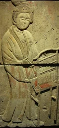 音楽家が描かれたテラコッタ製の石碑、唐時代（618～907年）、陝西省で発見、西安の石林博物館。写真撮影、レオナルド・デ・セルバ、中国、2006年