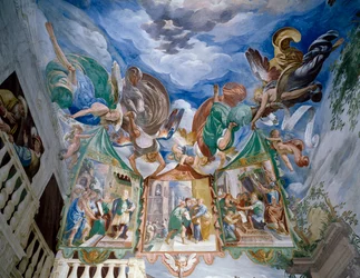 ピラトに差し出されるイエス、タンツィオ・ダ・ヴァラッロ（1575-1635）として知られるアントニオ・デンリコがフレスコ画を描いた丸天井の細部、ヴァラッロ・セシアの聖なる山の礼拝堂XXVII（ユネスコ世界遺産リスト、2003年）、イタリア