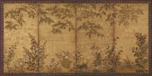 ミモザ、ポピー、その他の夏の花、江戸時代、1630～1670年。