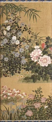 花と蝶（紙にインク、色、金箔）
