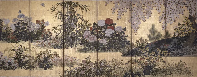 花と蝶（紙に墨、彩色、金箔）