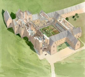 リールシャル修道院の航空写真、15 世紀後半頃、1990～2010 年頃