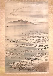 無数の水鳥（シルクにインク＆カラー）