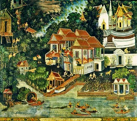 ワニ狩り、ウィールハーン・サーサダ、ワット・ボウニウェート・ヴィハーラ、バンコク（フレスコ画）