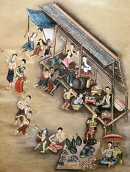市場のシーンを描いた民俗画（紙にトイレ）