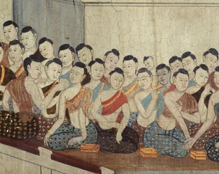 第4治世に典型的な服装とトリミングされた髪を持つ女性のグループ（壁画）