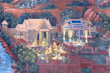 Seinämaalaus, joka kuvaa kohtauksia Ramayanasta Wat Phra Kaeossa, Kuninkaallisesta palatsista, Bangkokista, Thaimaasta