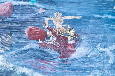 ワット プラケオ、ロイヤル グランド パレス、バンコク、タイでラーマーヤナのシーンを描いた壁画