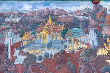 ワット プラケオ、ロイヤル グランド パレス、バンコク、タイでラーマーヤナのシーンを描いた壁画