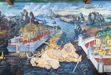 ワット プラケオ、ロイヤル グランド パレス、バンコク、タイでラーマーヤナのシーンを描いた壁画