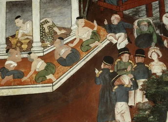イスラム教徒の商人と西洋の船員を受け入れる宮殿の女性、ラタナコーシン学校（壁画）