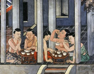 19世紀半ば、カントケと呼ばれる低い円卓で食事をする人々（壁画）