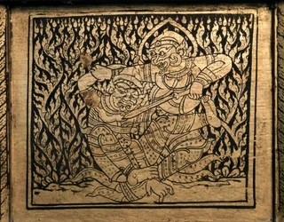 タイの芸術：ラーマーヤナ」のエピソード。バンコクスタイルの書棚。