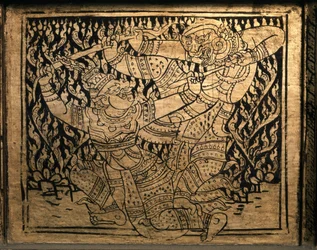 タイの芸術：ラーマーヤナ」のエピソード。バンコクスタイルの書棚。