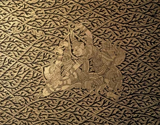 タイ美術：クラナック装飾が施された「ラーマーヤナ」のエピソード。ブックケース、バンコク聖...