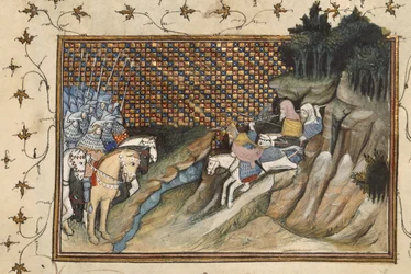 ハーレー 1319、f.9 Art Mór が乗ってグロスター伯爵に会う、ジャン クレトン作「La Prinse et Mort du Roy Richart」（リチャード 2 世の捕虜と死の書）より
