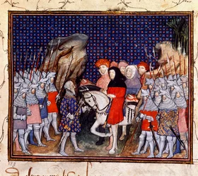ハーレー 1319、fol.44、リチャード 2 世はコンウェイでノーサンバーランド伯爵に会い、王位を辞任することを申し出る