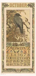 カラフルなカラスと 10 月のカレンダー ページ カレンダー 1910 Th による 12 のリトグラフ。 v。 ホイテマ（シリーズタイトル）