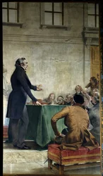 フランソワ・アラゴ（1786-1853）は、天文台の円形劇場で大衆的な天文学を学んだ。Theobald Chartran (1849-1907)による絵画。パリ、ラ・ソルボンヌ - パリ王立天文台で民衆天文学の講義をするフランソワ・アラゴ（1786-1853）。