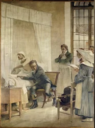 学生の前で講義を受けるRene Laennec。ルネ・テオフィル・ハイカンテ・ラエネック（1781-1826）：フランスの医師、「ペクトリロク」（聴診器）の発明者。フレスコ画