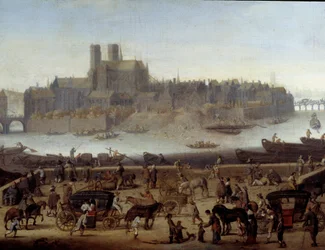 Le quai et le pont de la Tournelle à Paris 詳細。波止場とラ・シテ島の眺め。テオドール・マータム（1606-1676）の作とされる絵画 1646年 パリ、カルナヴァレ美術館