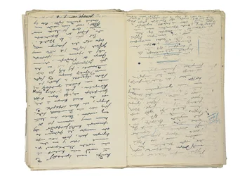 ベルリンの生活と社会に関する記事の直筆原稿の草案と、1878～1894 年頃の小説の草稿の断片 (紙にペンとインク)
