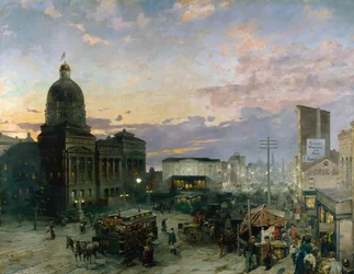 「夕暮れのインディアナポリスのワシントン通りの眺め」セオドア・グロール (1857-1913) による絵画 1892-1895 インディアナポリス美術館 インディアナ アメリカ