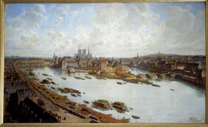 ルーヴル美術館の屋根から1588年のパリとシテ島の全景、建設中のポン・ヌフ 絵画：セオドア・ジョセフ・ユベール・ホフバウアー（1839-1922） 1890年