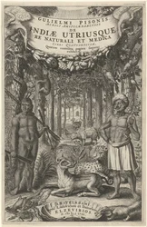 森の前で二人の男と野生動物 タイトルページ: Indiae Utriusque、1658 年