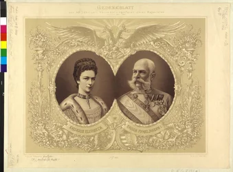 オーストリア皇帝とその家族 陛下の40歳記念結婚式の記念紙 24.1854年4月1894年
