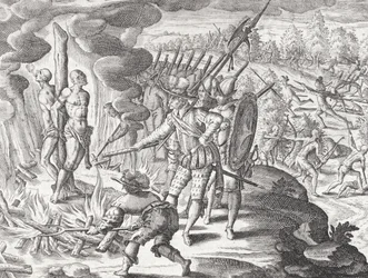 フアン・デ・アヨラス（1537年没?）殺害の罪で告発された2人のパヤグア・インディアンの処刑、ヨハン・ルートヴィヒ・ゴットフリート著『Newe Welt und Americanische Historien』より、マテウス・メーリアン刊、フランクフルト