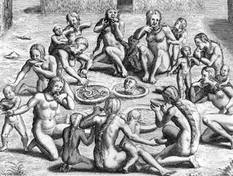 Um caldo é feito dos intestinos: canibalismo de índios no Novo Mundo (Amazônia), gravura de Theodore de Bry para o livro "Le Voyage au Brezil de Jean de Lery 1556-1558" publicado em 1578