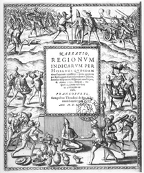 コンキスタドールによるインディオの残酷な扱いを非難するバルトロメ・デ・ラス・カサス（1474-1566）（「Narratio Regionum Indicarrum per Hispanos」より）（モノクロ写真）