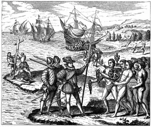 Christopher Columbus (1451-1506) genovalainen tutkimusmatkailija, joka löysi Amerikan - 12. toukokuuta 1492. Theodore de Bryn kaiverruksesta 1590.