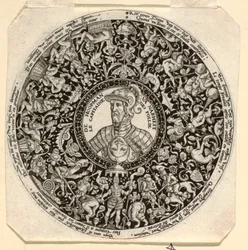 愚か者の司令官としてのアルバ公の肖像画が刻まれたタッツァのデザイン