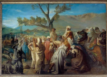 オリエンタリズム："A caid visiting a douar" テントキャンプのモロッコ人シェフ。テオドール・シャセリウ（1819-1856）の絵画 1849年 日1,42x2 m