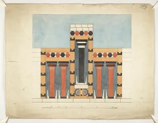 クノッソスのミノス宮殿の中央裁判所にある中央の三者神殿を再想像する絵画 (Evans Architectural Plans WW/15)