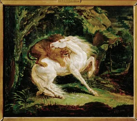 Cheval attaque par un lion - ライオンに襲われる馬。ローリーの銅版画とジョージ・スタッブスの絵画にちなんで描かれた。