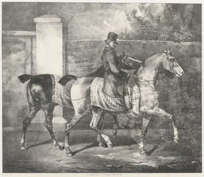騎手が2頭の馬を散歩させている（『A Groom Exercising Two Horses』）