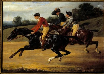 競馬の様子テオドール・ジェリコー（1791-1824）の絵画「左に乗った馬が疾走する」。