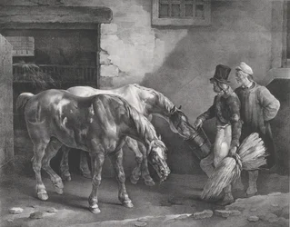 厩舎の入り口に立つ 2 頭の馬馬、1822 年。