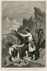 1876年の戦争で交戦中のモンテネグロ兵。この戦争ではセルビアとモンテネグロがオスマン帝国領トルコに宣戦布告した。シャルル・イリアルト（1832-1898年）による1874年のモンテネグロ旅行を挿絵化するためのヴァレリオの素描。『ル・トゥール・デュ・モンド』掲載の版画