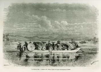 フエ（ベトナム）の川に浮かぶ船、Th.ウェーバーの絵。ウェーバーが描いたもので、1875年にフエ（アンナム王国）で行われた8日間の使節団の物語を、使節団に所属していた中尉（N）のブロッサール・ド・コルビニー氏が描いたもの。Le tour du monde」に掲載されている図版