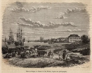 La rade de Saigon, T. Weberの図面に基づくエングレーヴィング、1872年にモリス医師が行ったコチンチンへの航海を描いたもの、1875年にEdouard Chartonが編集した "Le tour du monde "に掲載されたもの、アシェット版、パリ。セルバ・コレクション。
