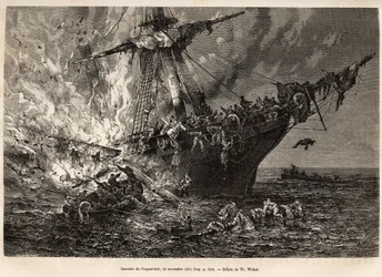 1874年11月19日、ニュージーランドに向かう400人以上の移民を乗せた英国船コスパトリック号の火災の様子を、T.ウェーバーの図面に基づいて彫刻したもので、1870年から1874年にかけて、Zurcher氏とMargolle氏が行った嵐と航海の研究を図解したもの。