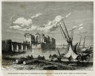 1840年の砲撃の前のシドンの海上の城。Th.Weberのエングレーヴィング。ウェーバーのエングレーヴィング、「La Syria d