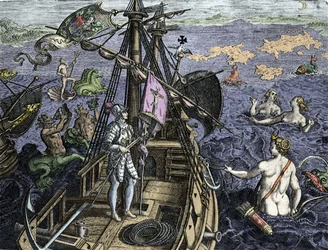 クリストファー・コロンブス（1451-1506）の航海に関するアレゴリー、テオドール・デ・ブライ（1527-1598）の「Historia Americae sive Novi Orbis」からのエングレーヴィング、アムステルダム、1594年