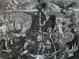 フェルディナンド・マゼラン(1480-1521)の航海のアレゴリー、テオドール・デ・ブライ(1528-1598)のエングレーヴィング
